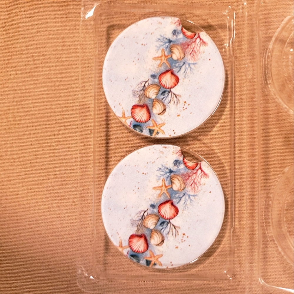 SEASHELL CAR COASTERS FEATURING STARFISH & CORAL